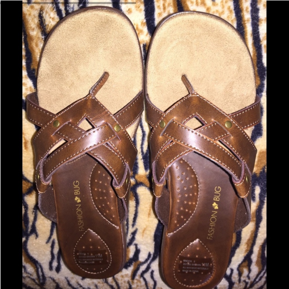 Fashion Bug Brown Leather Wedge Sandals with Woven Detail